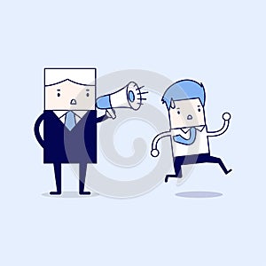 Boss commanding officers into a megaphone. Cartoon character thin line style vector photo
