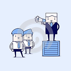 Boss commanding officers into a megaphone. Cartoon character thin line style vector