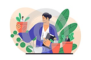 Boss cultivate potted plant with business people isolated. Mentoring and growing employees vector flat illustration