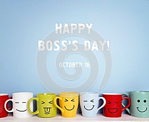 Boss day background with colorful mugs.