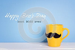 Boss day background with yellow mug with a mustache on blue.