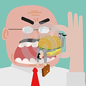 Boss eating businessman who get trapped by burger