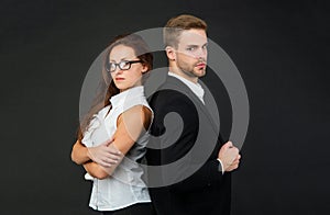 boss and employee. corporate colleague experts. man and woman in glasses.
