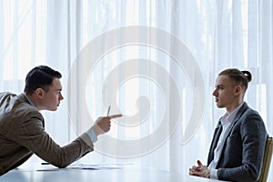 Boss employee giving lecture reprimand business