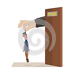 Boss with employee isolated on white background. Company boss lay off employee. Big hand holding small man.