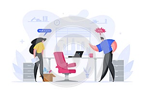 Boss fires employee of company vector flat illustration. An angry man kicks out frustrated woman from work.