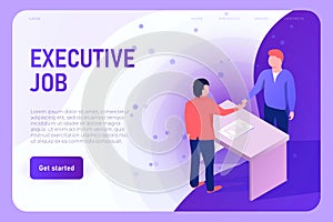 Boss gives to employee an assignment. Executive job landing page template
