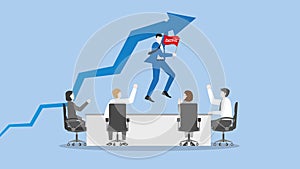 A boss hangs a rise blue arrow with a red success flag at a teamwork meeting