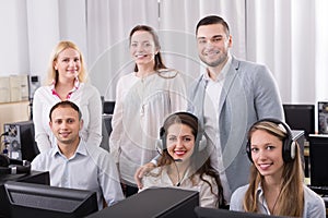 Boss and his call center team at office