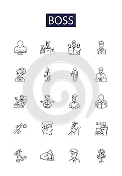 Boss line vector icons and signs. Manager, Leader, Chief, Administrator, Executive, Overseer, Ruler, Kingpin outline