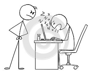 Boss Looking at Employee Sleeping at Work, Vector Cartoon Stick Figure Illustration