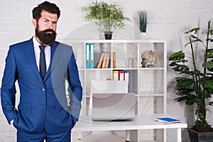 Boss in office. Man beaded hipster launched startup project. Company owner. Ceo concept. Office worker formal suit