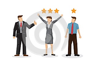 Boss praise his female employee for doing a good job. Business concept of kpi performance; competition among colleagues or