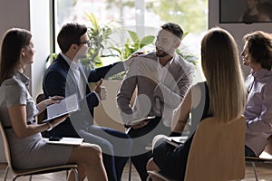 Boss praising promoted employee, showing thumbs up, gesture of recognition