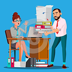 Boss Puts A Stack Of Documents To Stressfull Employee With Full Table Of Documents Vector. Isolated Illustration