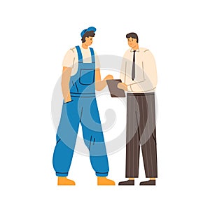 Boss and repairman talking and discussing work. Communication of office worker with clipboard and mechanic in overall