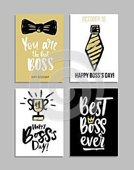 Boss`s day card set with modern calligraphy.Gift tags with gold, black, white colors.