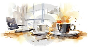 Boss\'s Day Watercolor Illustration of Office Desk with Coffee Cup on Clean White Background.