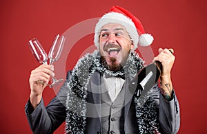 Boss santa hat celebrate new year or christmas. Join christmas celebration. Christmas party invitation. Man bearded