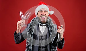 Boss tinsel ready celebrate new year. Corporate party ideas employees will love. Man bearded cheerful hipster santa hold