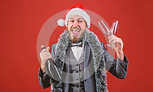 Boss tinsel ready celebrate new year. Corporate party ideas employees will love. Man bearded cheerful hipster santa hold photo