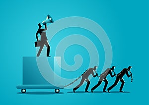 Boss using megaphone ordering his subordinate to drag heavy task