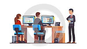 Boss watching at two analyst employees working