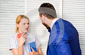Boss and worker discuss working plan. Prejudice and personal attitude to employee. Office quarrel concept