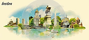 BOSTON city water colour vector panoramic illustration
