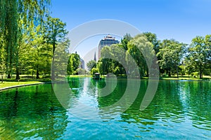 Boston Common lake and skyline in Massachusetts photo