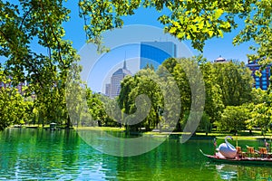 Boston Common lake and skyline in Massachusetts photo