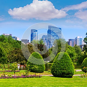 Boston Common park gardens and skyline