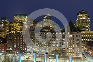 Boston Financial District buildings at night, USA