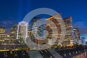 Boston Financial District buildings at night, USA