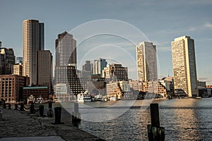 Boston financial district skyline from the Harborwalk