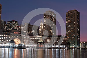 Boston Harbor and Financial District at night