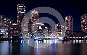 Boston Harbor and Financial District skyline at night - Boston, Massachusetts, USA