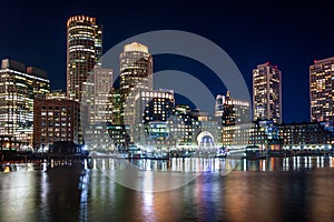 Boston Harbor and Financial District skyline at night - Boston, Massachusetts, USA