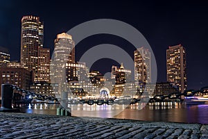 Boston Harbor and Financial District skyline at night - Boston, Massachusetts, USA