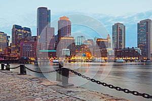 Boston Harbor and Financial District at sunset. Boston, Massachusetts, USA