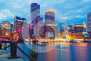 Boston Harbor and Financial District at sunset. Boston, Massachusetts, USA