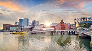 Boston Harbor and Financial District at twilight, Massachusetts