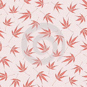 Boston ivy seamless vector pattern background. Pink backdrop with isolated scattered leaf shapes on polka dot texture