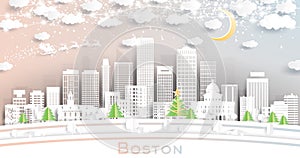 Boston Massachusetts USA City Skyline in Paper Cut Style with Snowflakes, Moon and Neon Garland