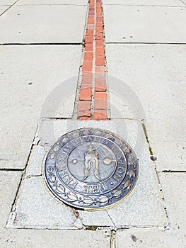 Boston, Massachusetts, USA - July 08 2018. Freedom Trail end at Bunker Hill Monument.