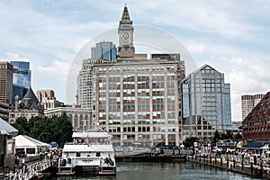 04.09.2017 Boston Massachusetts USA- People everyday life families and boats moored pier long wharf center of Boston