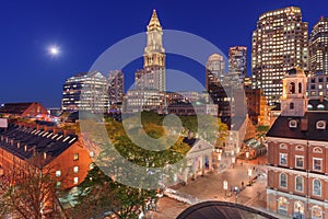 Boston, Massachusetts, USA skyline with Faneuil Hall and Quincy Market