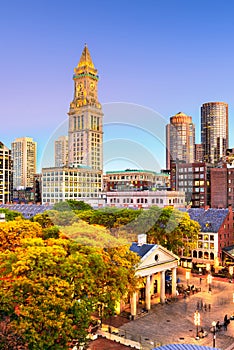 Boston, Massachusetts, USA skyline with Faneuil Hall and Quincy Market photo