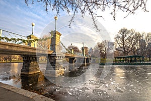 Boston Public Garden Bridge in Boston Public Garden with blue sky background in winter.