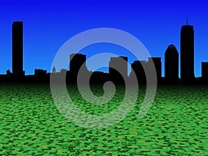 Boston skyline with abstract dollar currency foreground illustration